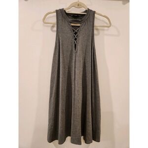 I Joah Women's Tank Dress Sleeveless Gray‎ Midi Trapeze  Lace Up Size M